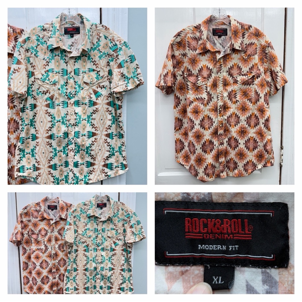 Rock & Roll Denim Modern Fit western wear pearl snap aztec‎ shirt men's xl